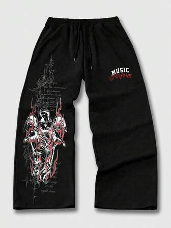 Street Life Herren Streetstyle Jogginghose mit Tunnelzug in Taillentaille und weitem Bein, Buchstaben-Muster