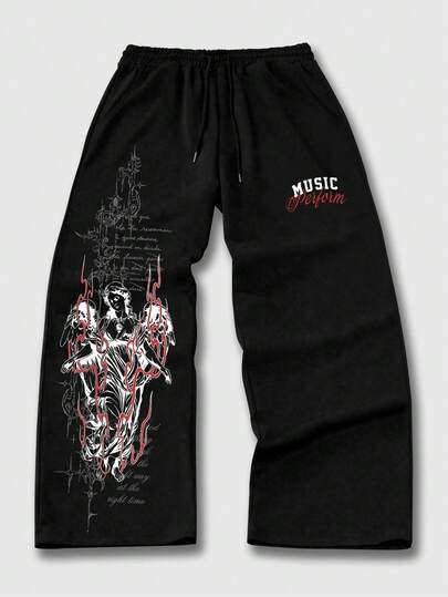 Street Life Pantalones de chándal de pierna ancha con cordón en la cintura y estampado de letras, estilo urbano para hombres