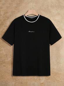 Manfinity NXTstreet Men Cotton Letter Print Striped Tape Neck Tee, Summer