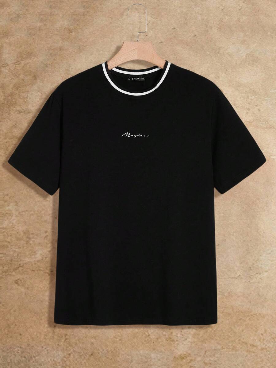 Manfinity NXTstreet Men Cotton Letter Print Striped Tape Neck Tee, Summer