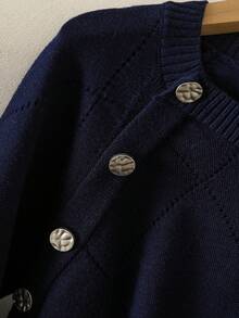 Conjunto casual de suéter e saia de malha com gola redonda, cor sólida, manga comprida, design de botões, outono/inverno - Azul Real - Ver 5
