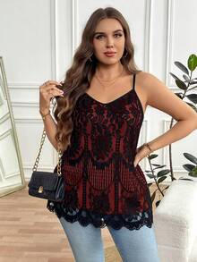 Reflora Plus Size Elegant Commuter Lace Camisole - Burgundy - View 2