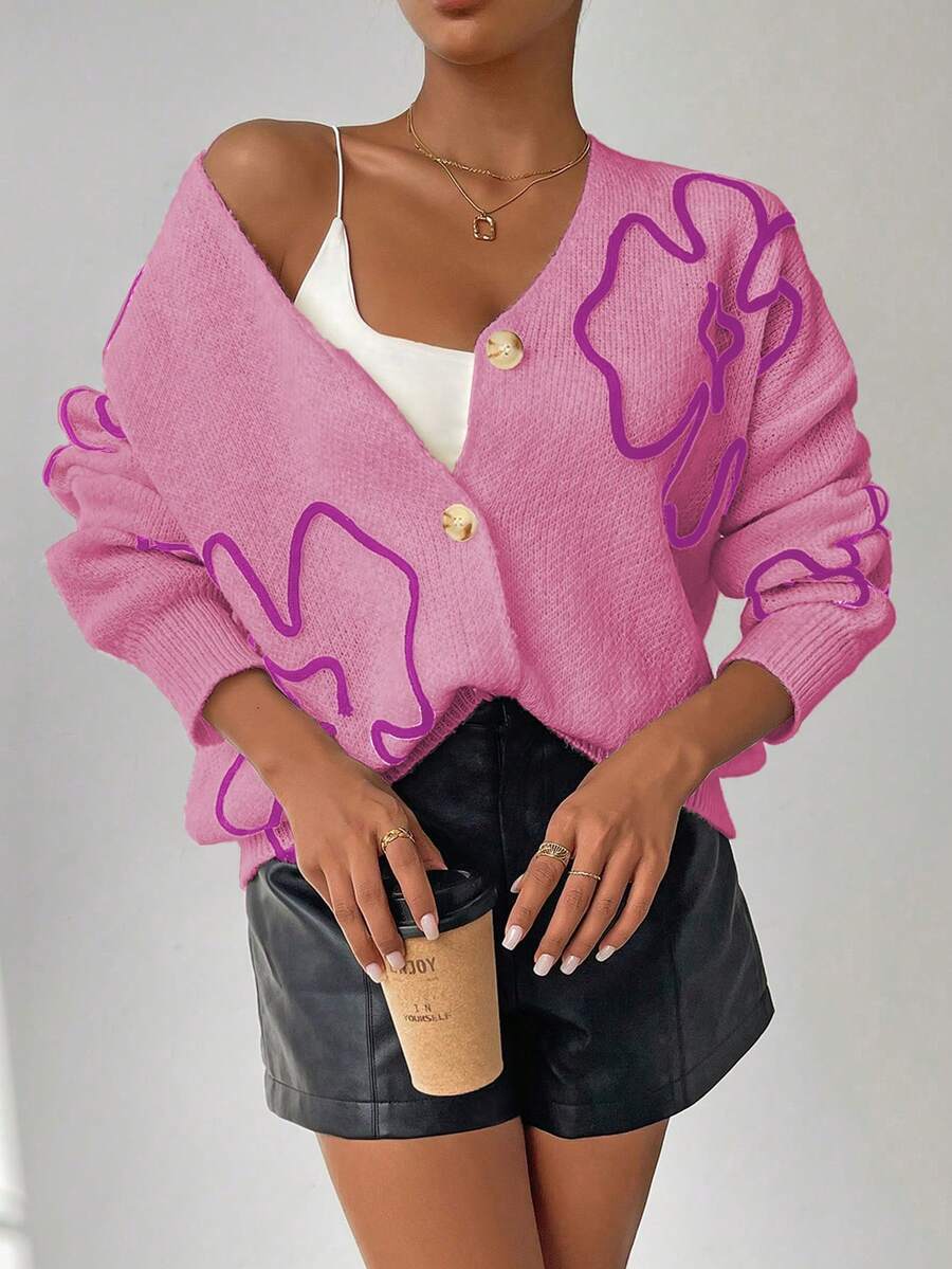 Chiquease Áo khoác cardigan dệt kim dài tay hở vai họa tiết hoa dành cho nữ, mùa thu/đông - Hồng - Xem 1