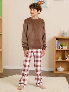 2件套青少年男童休闲格子印花长袖上衣和裤子家居服套装