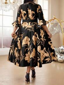 Fleurora 春夏秋冬优雅派对婚礼酒会圣诞节粉色系带喇叭袖A字裙大码套装 - 黑色 - 查看 2