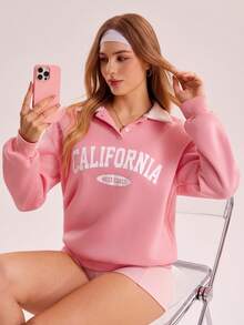 Sovereign Charm 女士字母印花 Polo 领宽松长袖卫衣，粉色 - 粉色 - 查看 5