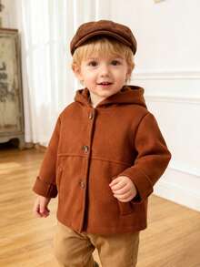 Baby Boys' Fashionable Minimalist Brown Button Patchwork Long Sleeve Hooded Overcoat, Suitable For Autumn/Winter, Everyday And Outdoor Wear
