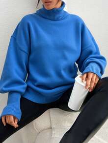 EURMUSE Women's Solid Color Drop Shoulder Long Sleeve High Neck Floral Mesh Sweater, Autumn/Winter - Baby Blue - View 5