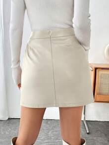 SHEIN Unity 女式纯色高腰直筒休闲迷你裙 - 杏色 - 查看 2