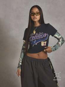 MUSERA Áo thun hai lớp họa tiết rằn ri in khẩu hiệu, phong cách cá tính, đường phố, thường ngày, kiểu dáng thể thao đại học, năm 1997, thanh lịch, mùa xuân hè, ngày lễ. - Nhiều màu - Xem 1