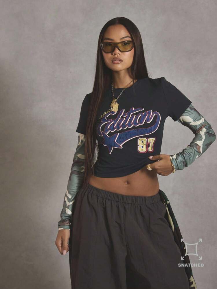 MUSERA Camiseta con gráfico de camuflaje de doble capa, estilo callejero, para uso diario, universitario, 1997, elegante para primavera y verano, vacaciones - Multicolor - Añade 1