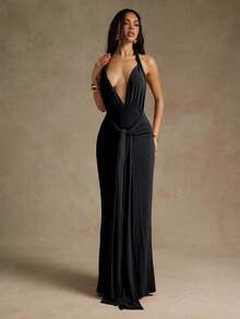 Hauture Đầm hở lưng cổ thấp màu trơn gợi cảm thời trang - màu đen - Xem 1