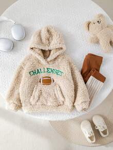 SHEIN Babygirl 可爱毛绒字母印花连帽衫和裤子套装，秋冬 - 米色 - 查看 3