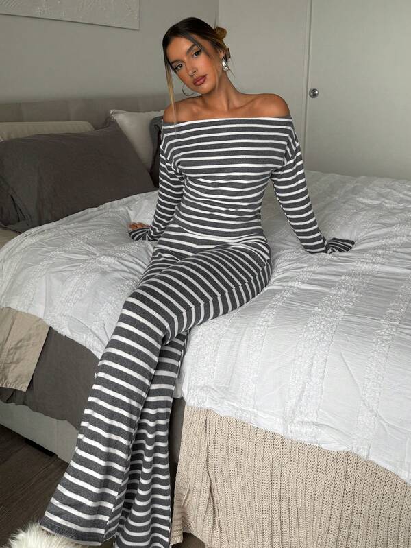 Aloruh Women's Autumn/Winter New 2 Pieces Set, Gray & White Striped Retro Casual Versatile Long Sleeve Top T-Shirt + High-Waisted Slim Fit Flare Pants, Women Autumn/Winter Outfit Striped Two Piece Set Two Piece Lounge Set Comfortable Two Piece Set 2 Piece Casual Sets Woman Two Piece Set Women Comfy Fall Clothes For Women Winter Clothes For Women Christmas Two Piece Set Women Christmas Outfit For Women Women's Winter Clothes Two Piece Set For Women Pajama Sets For Women Y2k 2 Piece Women's Set Two Piece Women Sets Lounge Sets For Women Fall Outfits