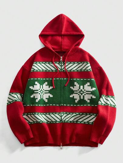 Street Life Men's Retro Fair Isle Jacquard Knit Cardigan With Hood