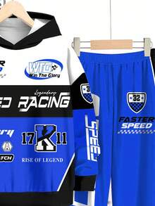 2pcs Tween Boy Casual Chic Racing Sports Graphic Print Hoodie And Sweatpants Set, Racing Driver Decor Print, Cool Text Print, Classic Checkered Flag Print, Comfortable For Autumn/Winter - Multicolor - View 7