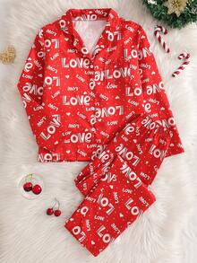 2 Stücke Mädchen Weihnachts Herz & Polka Punkt Muster Satin Pyjama Set, schwer entflammbar, Langarm Oberteil und Hose, elegante rote Serie - Rot - Übersicht 3