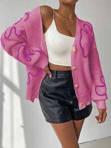 Chiquease Áo khoác cardigan dệt kim dài tay hở vai họa tiết hoa dành cho nữ, mùa thu/đông - Hồng - Xem 6