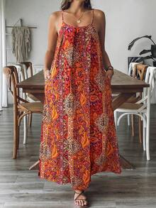 SHEIN VCAY Váy không tay thường ngày cỡ lớn dành cho nữ có túi, họa tiết Paisley - Đỏ - Xem 1