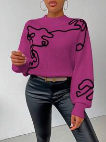 SHEIN LUNE Suéter de mujer casual con patrón de textura de bloque de color, otoño/invierno - Rosa Fucsia - Ver 5
