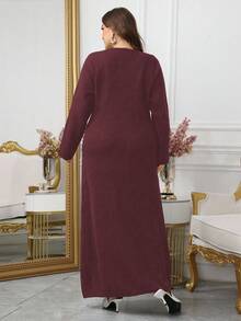 Modelyn 大码女式拼接千鸟格V领长袖休闲宽松针织毛衣裙，秋冬 - 酒紅色 - 查看 2