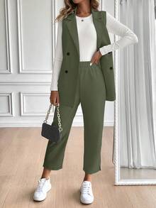 SHEIN Clasi 女式系腰长背心，简约西装套装 - 橄欖綠 - 查看 3