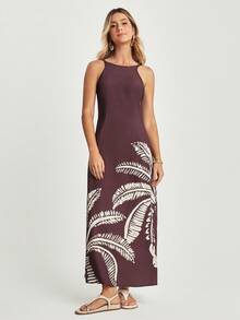 CAJUNI 休闲椰子树印花无袖连衣裙 - 棕色 - 查看 4