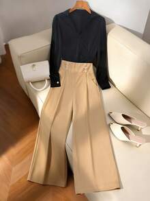Franclia 2pcs Women's Autumn/Winter Color Block Set, Long Sleeve Crossover Front Shirt, Elastic Waist Wide Leg Pants, Metal Buckle Decor - Multicolor - View 5