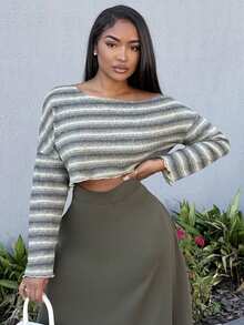 Alexandranx 女士休闲条纹不对称领口长袖衬衫，简约风格，适合日常穿着 - 綠色 - 查看 6