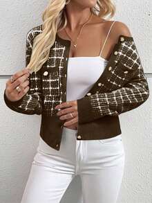 EMERY ROSE Women's Casual Plaid Long Sleeve Single-Breasted Knit Cardigan, Autumn,Brown Top - Coffee Brown - View 3