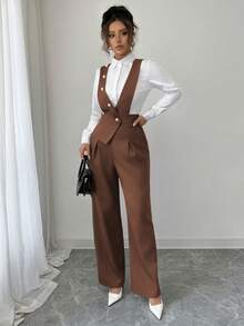 Elenzga Women's New Casual Wide Leg Jumpsuit, Black - Brown - View 5