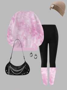 SHEIN Explorewe 1 套青少年女孩休闲时尚甜美可爱扎染卡通兔子印花圆领长袖运动衫和紧身裤套装，舒适的秋冬款式 - 彩色 - 查看 2