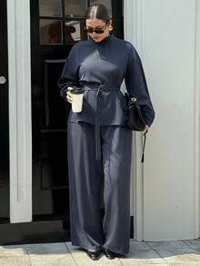 Dazy Plus 两件套休闲条纹翻领上衣配腰带和宽松直筒裤，大码女式春秋季家居服套装 - 藏蓝色 - 查看 1