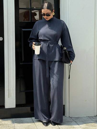 Dazy Plus 2pcs/Set Casual Striped Collared Top With Belt And Loose Straight Leg Pants, Plus Size Women Spring/Autumn Lounge Sets For Women