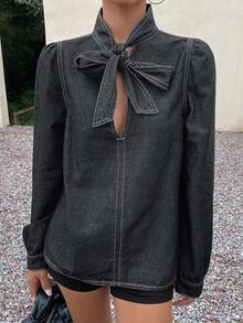 Livesso Women's V-Neck Tie Puff Sleeve Denim Blouse, Autumn Long Sleeve Women - Black - View 3