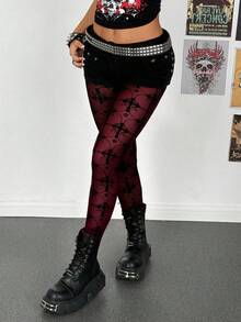 StreetHx Women's Black Sheer Mesh Punk Flocked Leggings - Burgundy - View 5