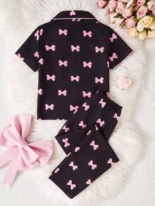 SHEIN Genkimix Kids Tween Girls' Apricot Cute Cherry Print Long Pants And Short Sleeve Casual Loose 2 Pieces Pajama Set - Black - View 2