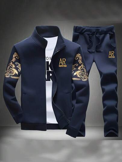 Manfinity Sport Corelite 2 件男士印花休闲长袖运动衫套装，秋冬