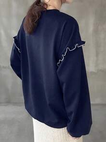 FRIFUL Women's Crew Neck Contrast Color Frill Trim Animal Letter Print Thermal Lined Contrast Color Sweatshirt, Halloween Costume, Autumn - Navy Blue - View 3