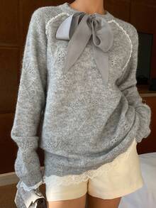 Livesso Women's Autumn Pearl Decor Tie-Front Raglan Sleeve Sweater - Grey - View 5