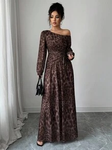 Rafferiza Women's Elegant Leopard Print Brown Checkered Mesh Asymmetrical Shoulder Long Dress,Autumn Date Wedding Guest Homecoming Party Ruched A-Line Gown - Coffee - View 5