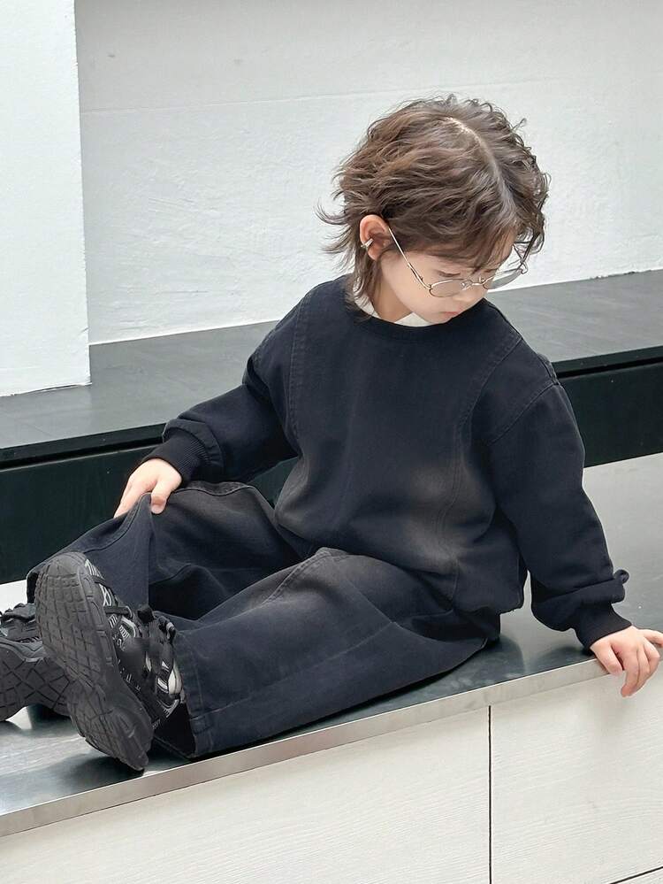 Young Boys Dark Grey Denim Two-Piece Outfit Long Sleeve Regular Fit Set