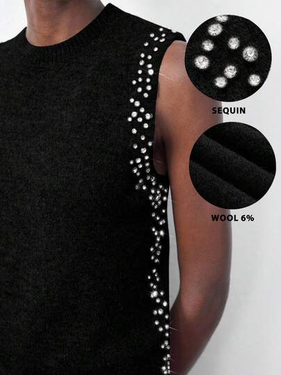 Maija 女式纯黑色无袖水钻装饰圆领宽松针织背心上衣，适合城市通勤、商务休闲、办公室穿着的基本款毛衣，适合圣诞派对、新年穿着的优雅黑色上衣