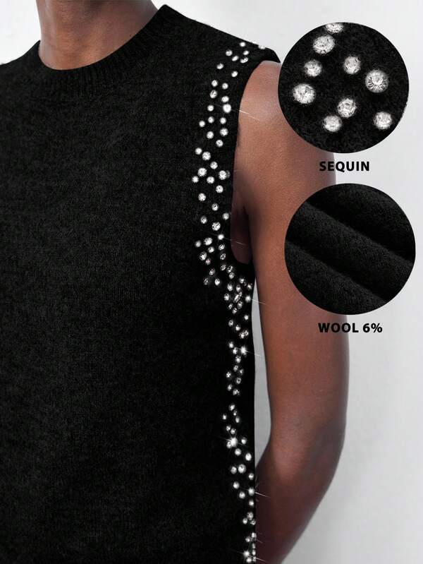 Maija Women's Solid Black Sleeveless Rhinestone Embellished Round Neck Loose Knit Vest Top, Basic Sweater For Urban Commute, Business Casual, Office Wear, Elegant For Christmas Party, New Year, Black Top Goth Tops Black Wool Top Black Rhinestone Top Black Sequin Top Black Studded Top Stylish Clothing Collection Christmas Clothes