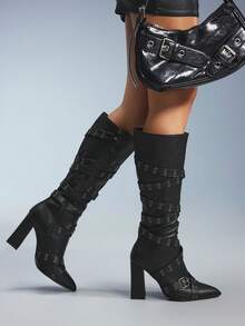 CUCCOO GRLICON 女士蛇皮尖头时尚通勤高跟靴，适合派对、圣诞节、万圣节、Y2K 风格 - 黑色 - 查看 1