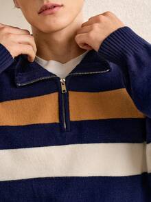 RONVEXI Pull décontracté à rayures color block pour hommes, automne/hiver, Top à manches longues - Multicolore - Voir 2
