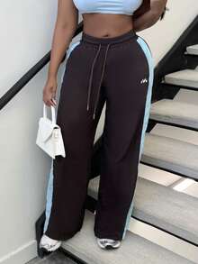 Alexandranx Drawstring Waist Nylon Contrast Panel Wide Leg Tracksuit Bottoms Only Spring Airport, Casual The Book Shop Christmas Fall Autumn Winter - Brown - View 4