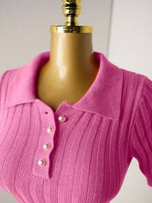 Mistrie Women's Knit Pearl Button Ribbed Orange Pleated Mini Dress, Short Sleeve Sexy Bodycon Minimalist Sweater Dress - Pink - View 3