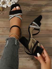 Sandalia de mujer elegante, tiras cruzadas con pedrería, punta cuadrada, tacón alto, correa ajustable, estilo fiesta, para eventos y noche, sandalias - Negro - Ver 1