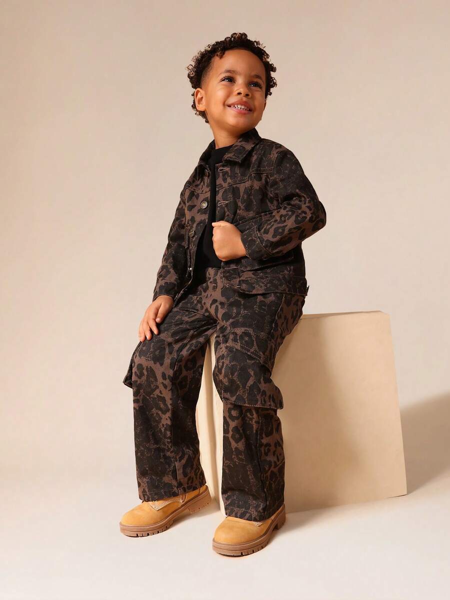 SUMWON 男童豹纹牛仔卡车司机夹克 前扣长袖休闲外套